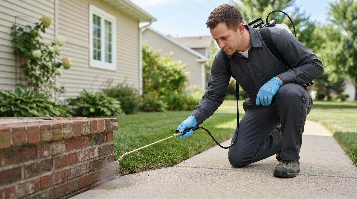 Pest control technician treating a home near Raleigh, ND