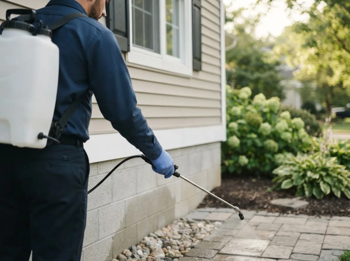 Pest control technician inspecting a home in Raleigh, ND
